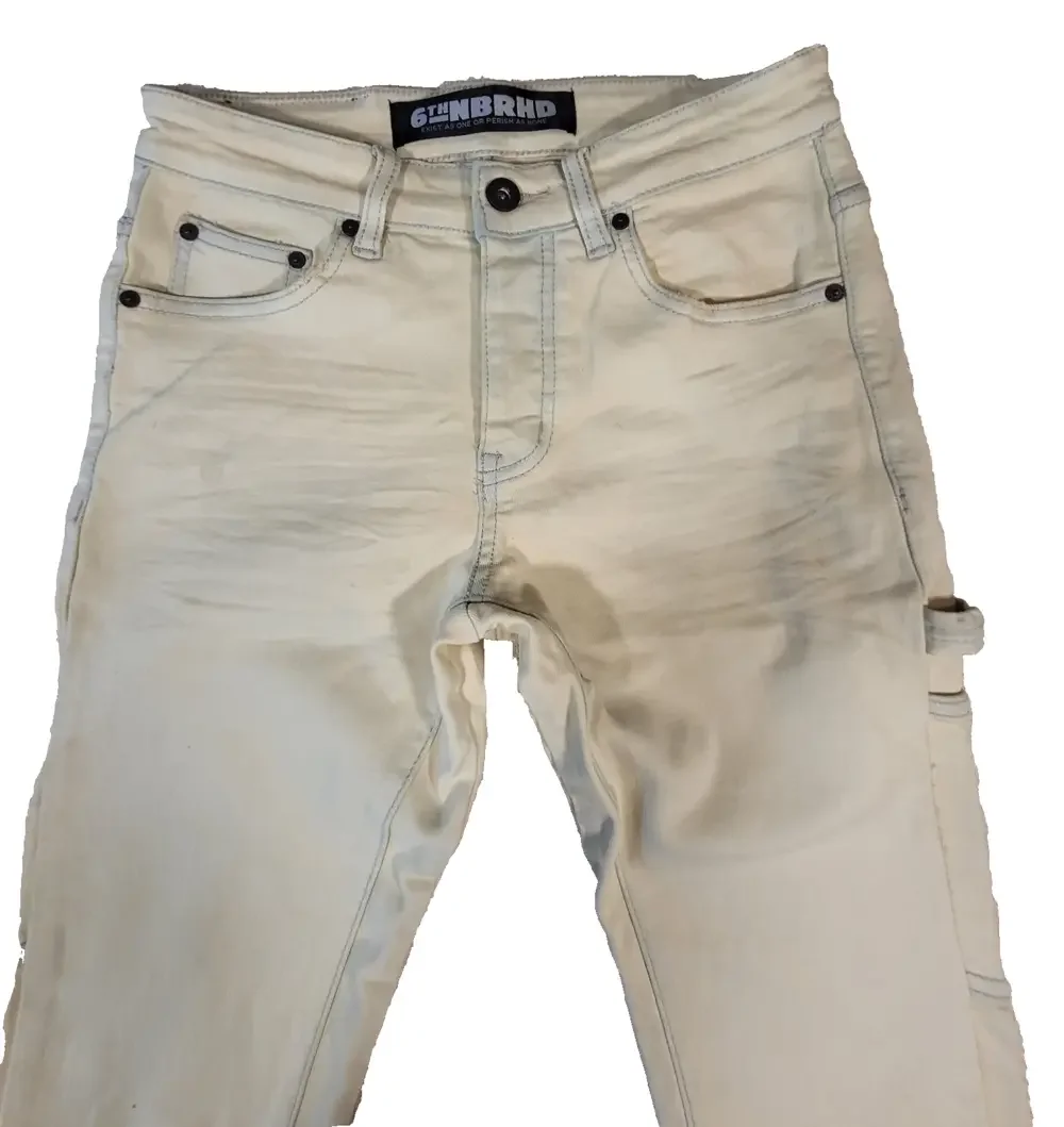 6th NBRHD Jeans Mens 28 Yellow Wash Stacked Flare Button Fly Distressed Raw Hem